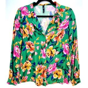 Floral Button Front Blouse Sz M Green Bloomcore Cottagecore Garden Party Zara